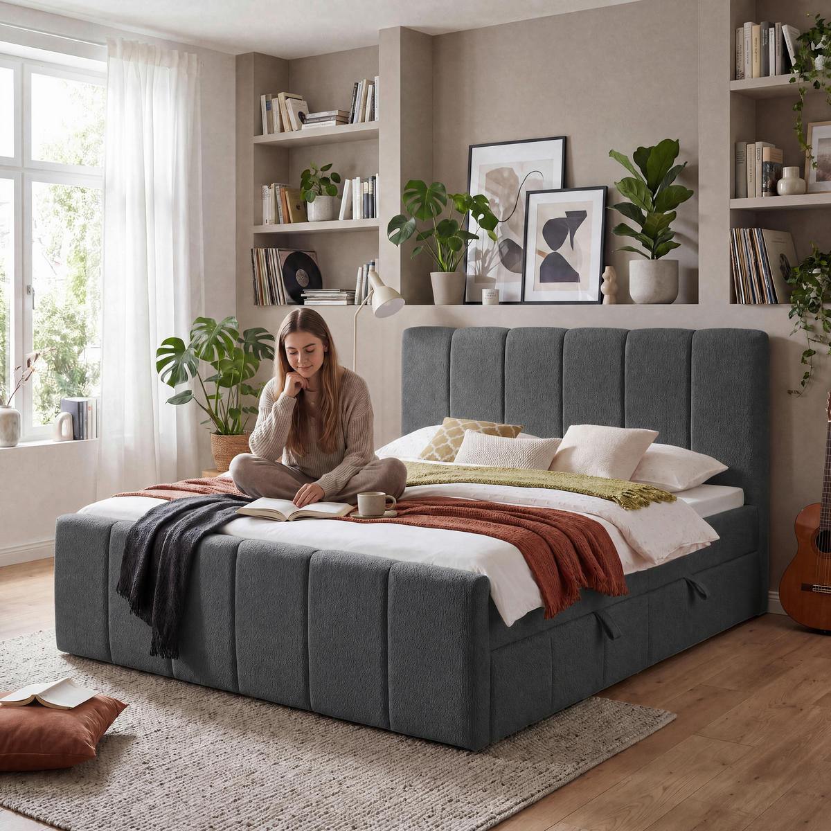BOXBETT 180/200 cm,  in Anthrazit, gepolstertes Kopfteil, Bettkasten, Topper, Matratzen, H3 + H3 = fest  - Anthrazit/Schwarz, Basics, Kunststoff/Textil (180/200cm) - Chameo