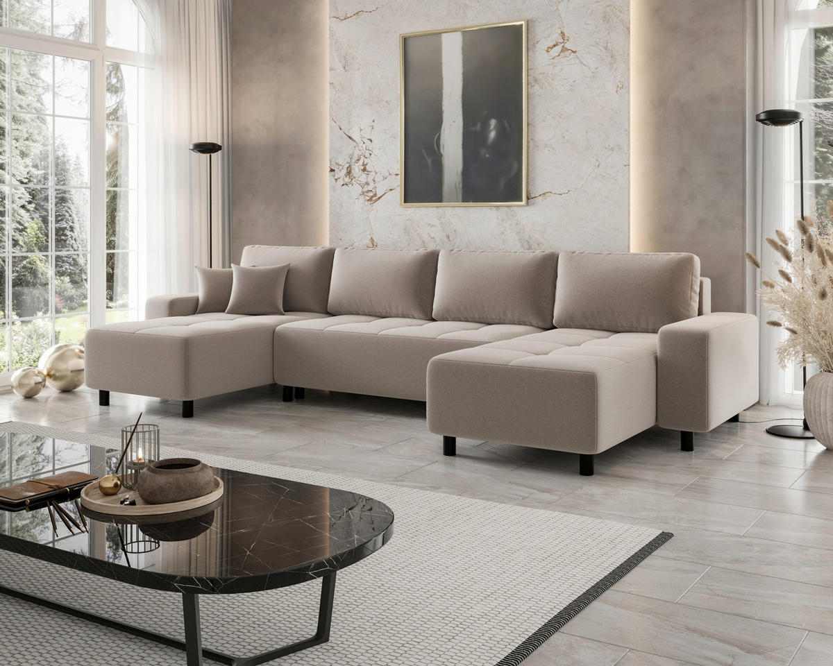 WOHNLANDSCHAFT Beige Jacquard  - Beige/Schwarz, MODERN, Kunststoff/Textil (144/318/144cm) - Carryhome
