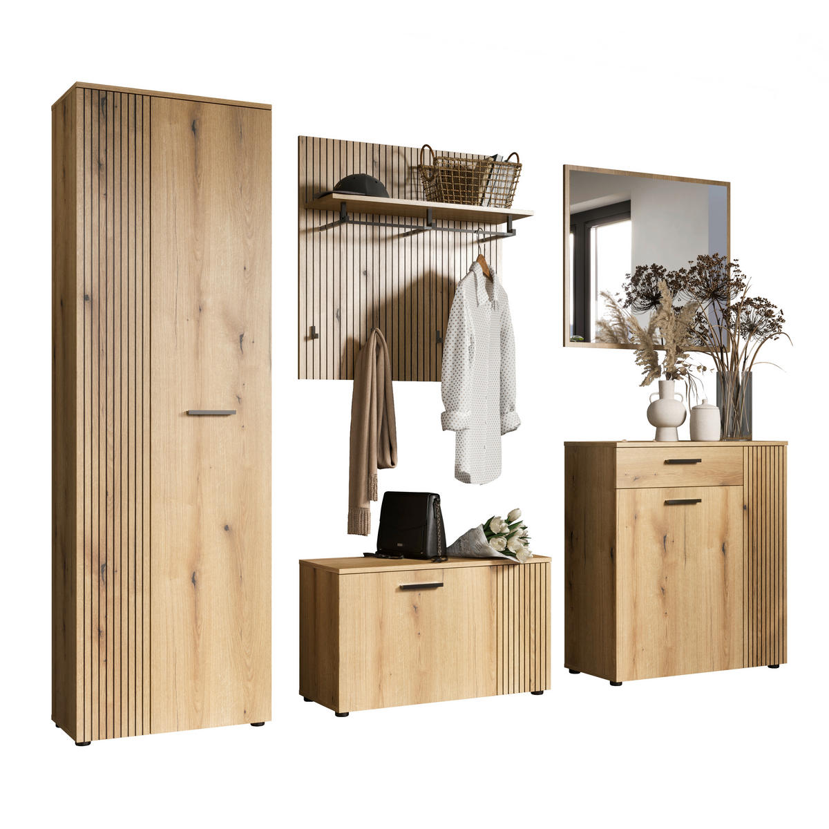 GARDEROBE 5-teilig  in 250/196/36 cm  - Eichefarben/Schwarz, Basics, Holzwerkstoff (250/196/36cm) - MID.YOU