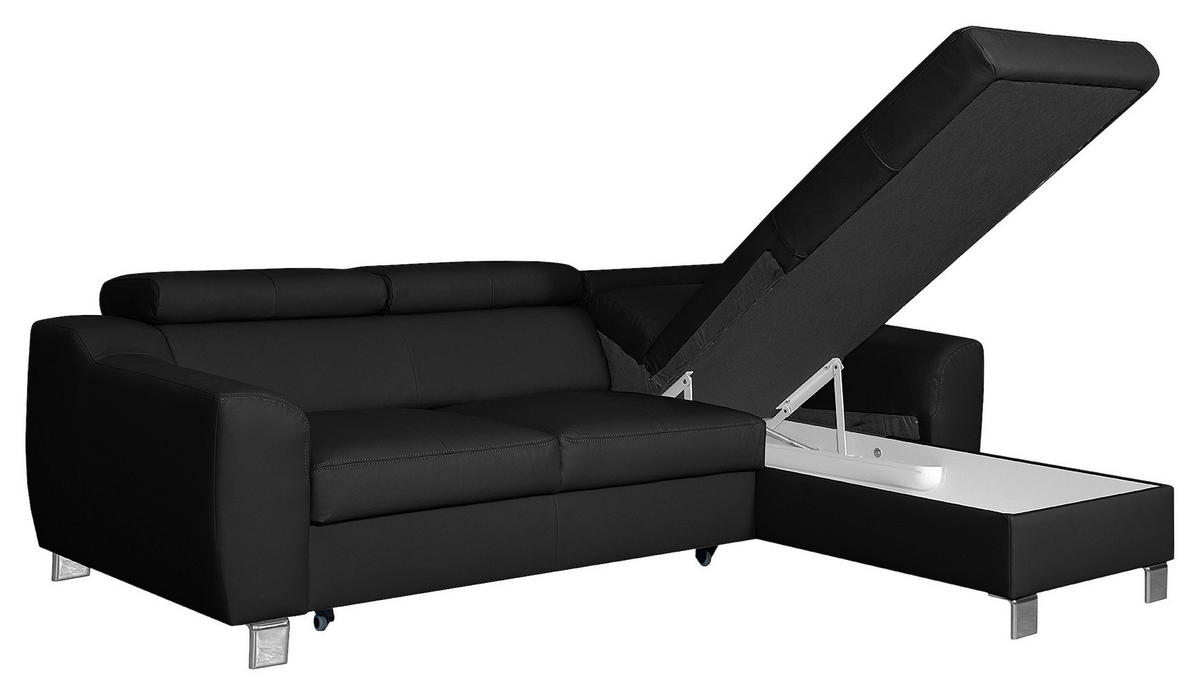 ECKSOFA in Lederlook Echtleder Schwarz  - Chromfarben/Schwarz, Design, Leder/Textil (242/176cm) - Livetastic