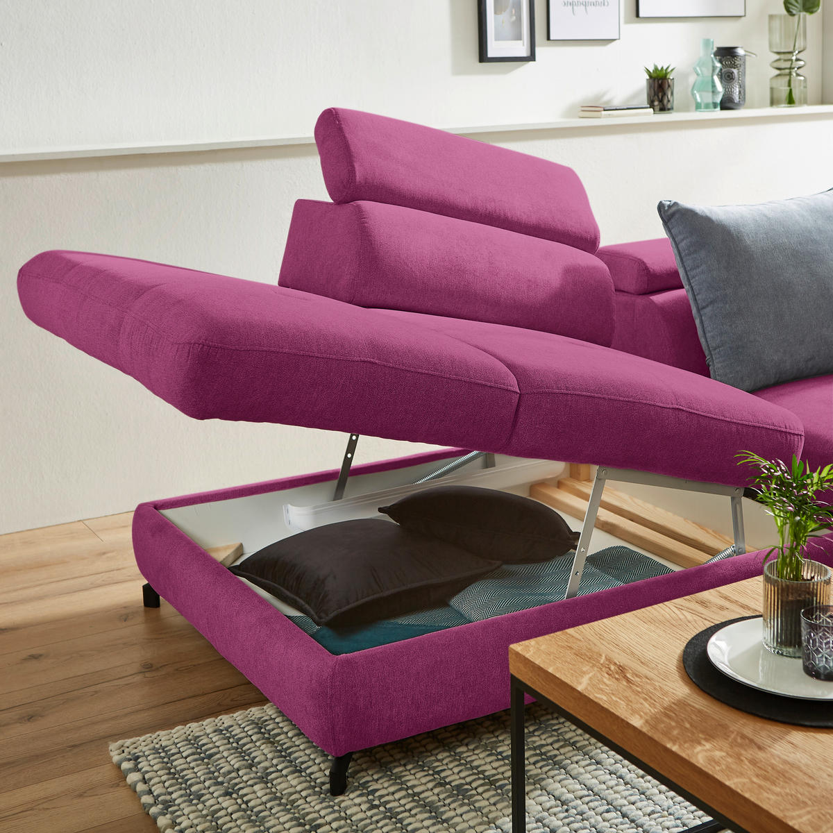 ECKSOFA inkl. Funktion Magenta Webstoff  - Magenta/Schwarz, Design, Textil/Metall (237/277cm) - Stylife