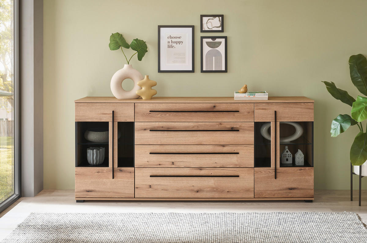SIDEBOARD  200/86/42 cm 4 Schublade(n)  - Eichefarben/Schwarz, Design, Glas/Holzwerkstoff (200/86/42cm) - Livetastic