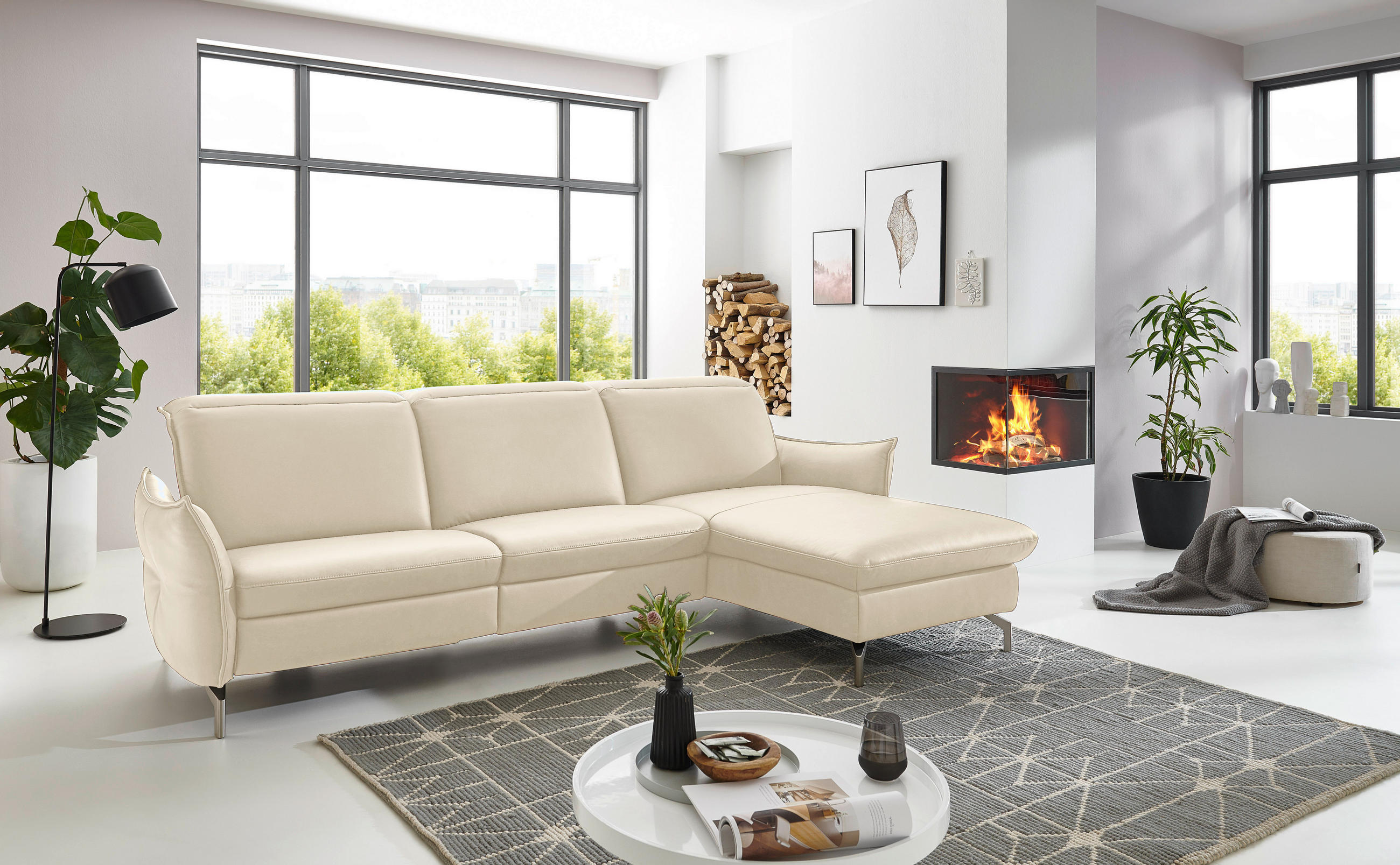 ECKSOFA Ecru Lederlook (vegan)  - Ecru/Nickelfarben, MODERN, Textil/Metall (233/179cm) - Livetastic