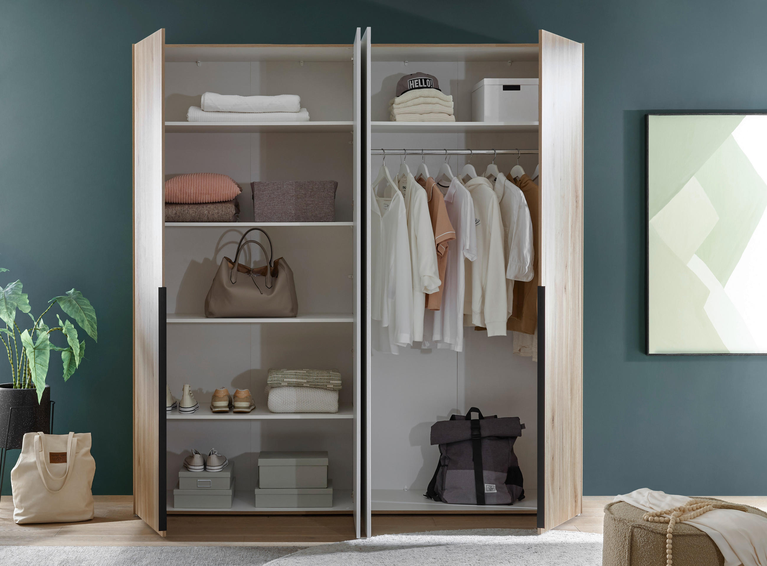 KLEIDERSCHRANK 200/210/56 cm 4-türig Weiß, Eichefarben  - Eichefarben/Schwarz, KONVENTIONELL, Holzwerkstoff/Kunststoff (200/210/56cm) - Boxxx