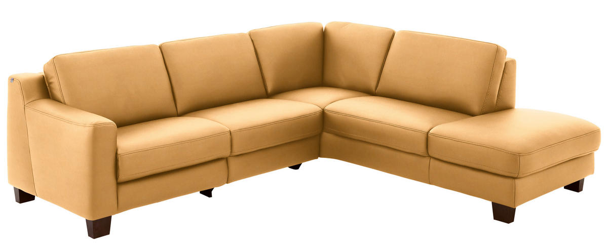 ECKSOFA in Echtleder Currygelb  - Currygelb/Eichefarben, Design, Leder/Holz (259/235cm) - Valdera