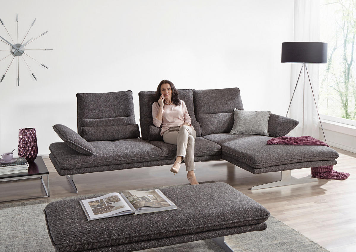 ECKSOFA Webstoff Anthrazit  - Chromfarben/Anthrazit, Design, Textil/Metall (291/164cm) - Chilliano