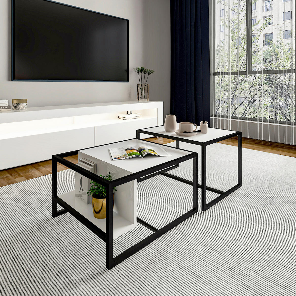 COUCHTISCHSET Bati Couchtisch Weiß  - Schwarz/Weiß, Design, Holzwerkstoff - Livetastic