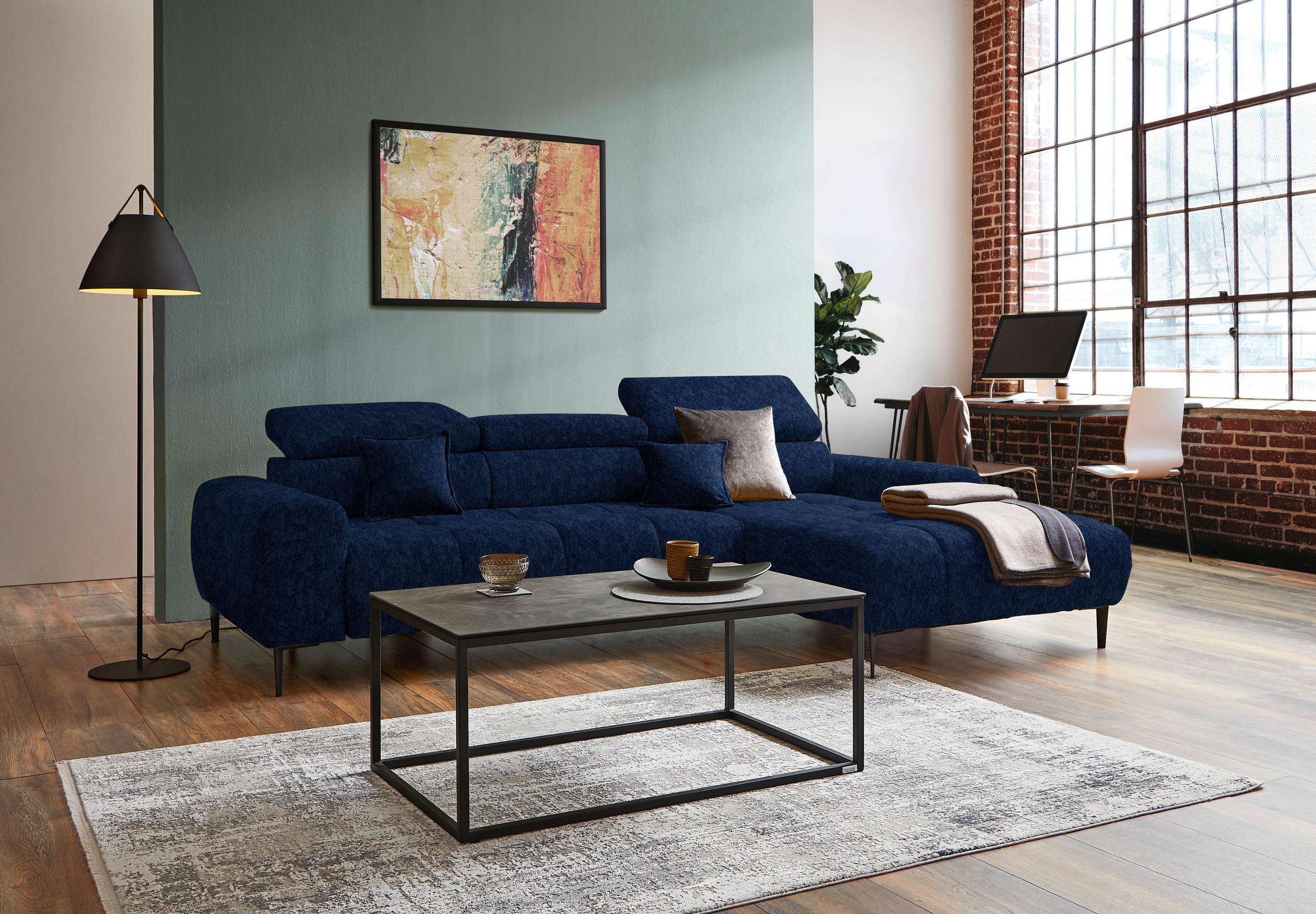 ECKSOFA in Samt, Webstoff Dunkelblau  - Schwarz/Dunkelblau, Design, Textil/Metall (270/177cm) - Welnova