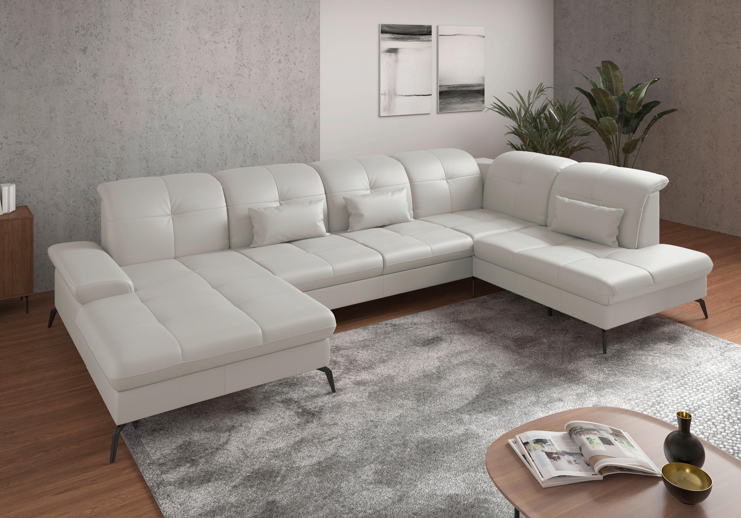 WOHNLANDSCHAFT in Vliesstoff Kombination Echtleder/Stoff Weiss  - Weiss/Schwarz, Konventionell, Leder/Textil (185/357/231cm) - Sit & More