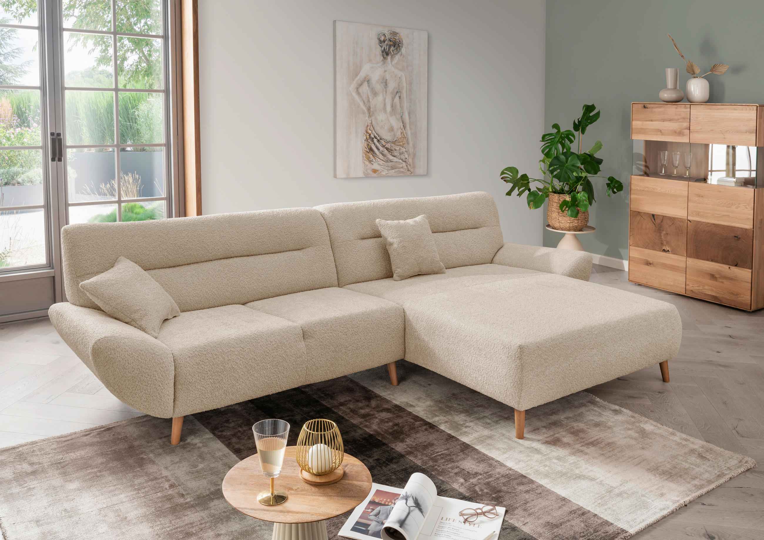 ECKSOFA Beige Bouclé Zierkissen  - Wildeiche/Beige, KONVENTIONELL, Holz/Textil (290/166cm) - MID.YOU