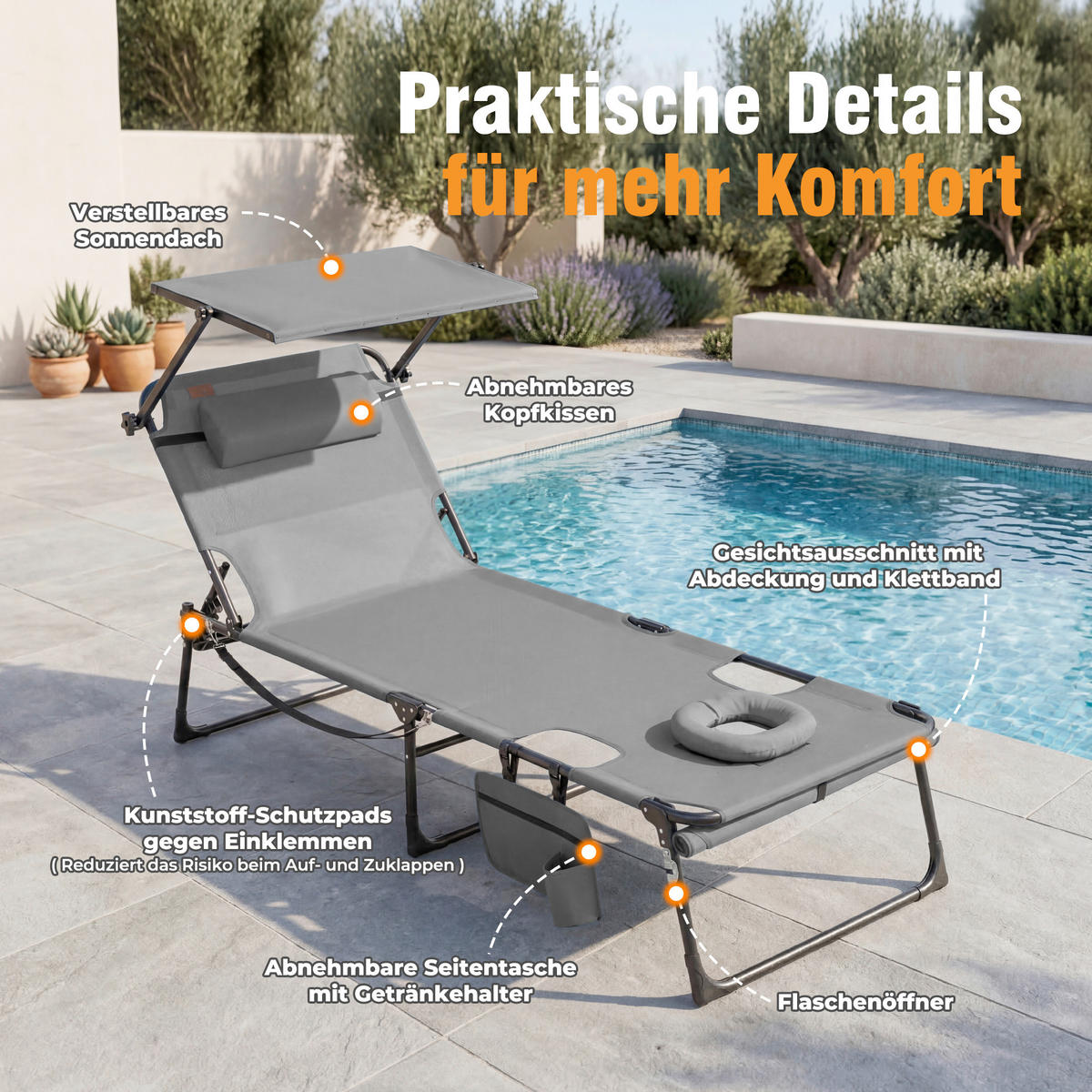 SONNENLIEGE 200/34/70 cm  - Dunkelgrau/Grau, Basics, Textil/Metall (200/34/70cm) - Modante