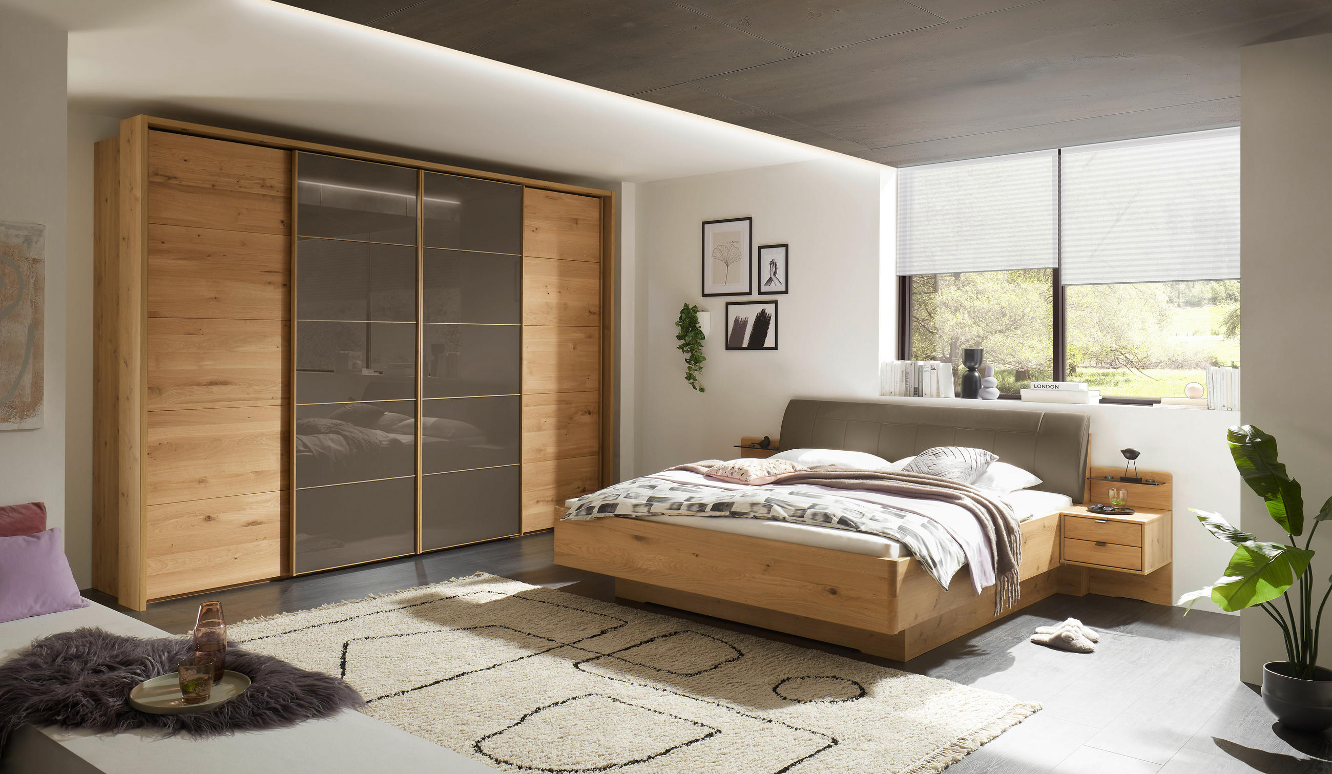 SCHWEBETÜRENSCHRANK 330/236/67 cm 4-türig Braun, Eiche Bianco  - Eiche Bianco/Braun, KONVENTIONELL, Glas/Holz (330/236/67cm) - Linea Natura
