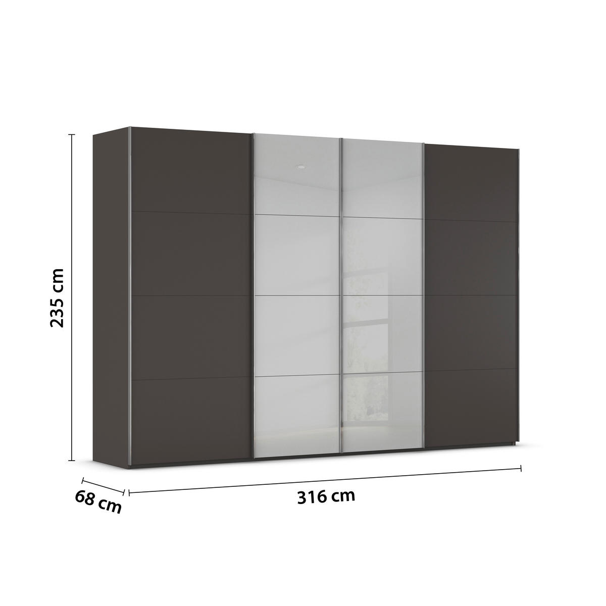 SCHWEBETÜRENSCHRANK 316/235/68 cm 4-türig Graphitfarben, Grau  - Chromfarben/Graphitfarben, KONVENTIONELL, Glas/Holzwerkstoff (316/235/68cm) - Novel