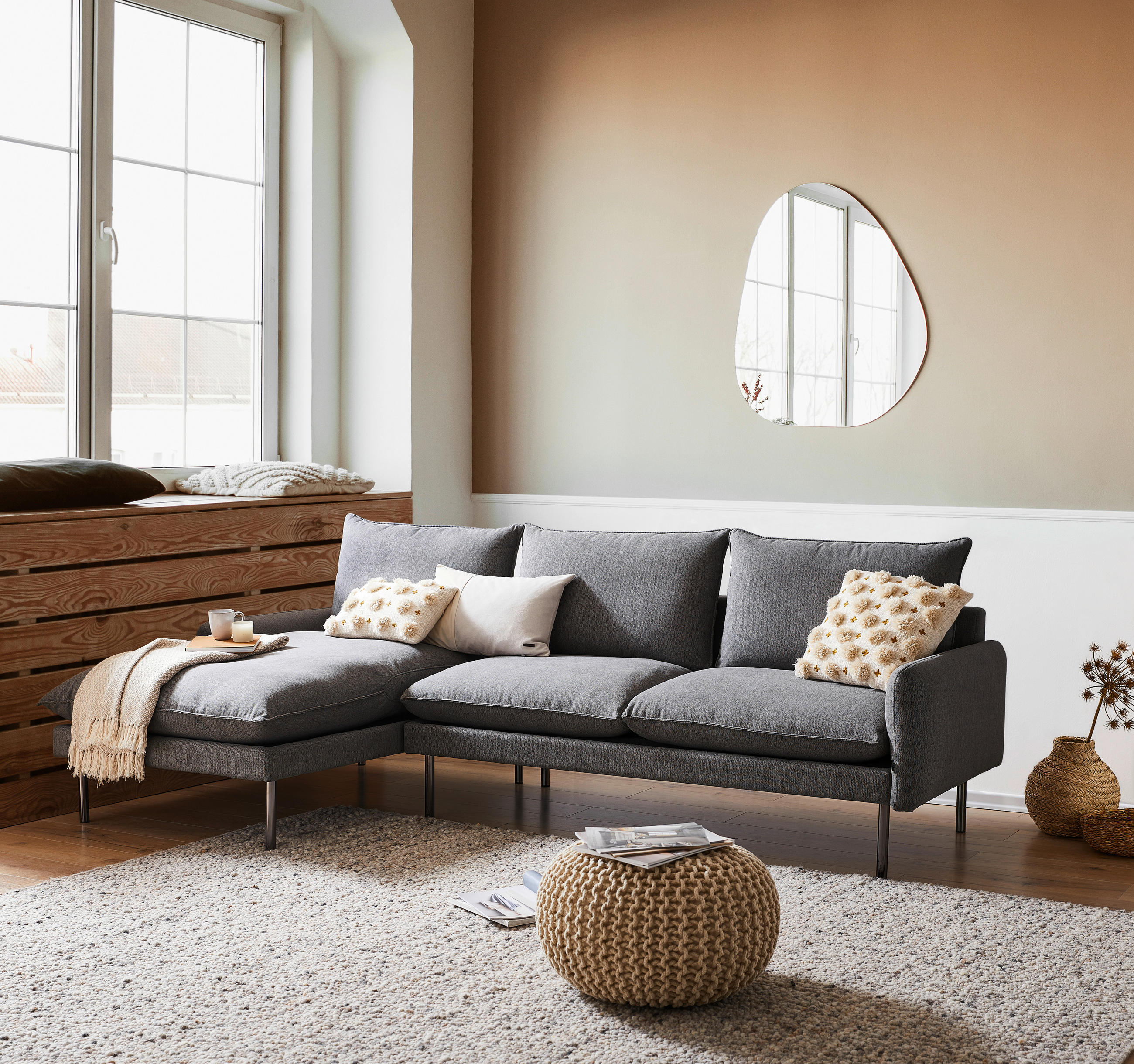 ECKSOFA Dunkelgrau Webstoff, Flachgewebe  - Dunkelgrau/Schwarz, MODERN, Textil/Metall (153/276cm) - MID.YOU