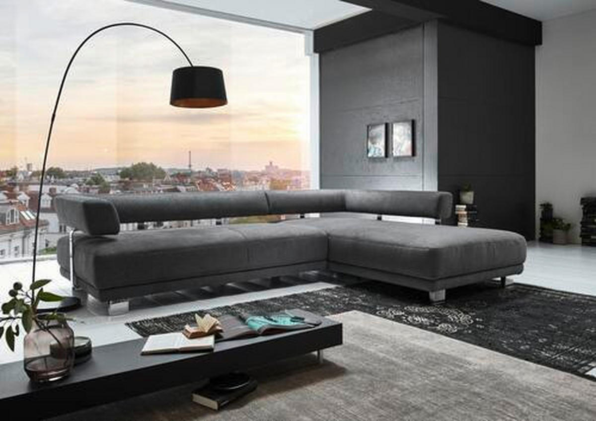 ECKSOFA in Chenille Grau  - Chromfarben/Grau, Natur, Textil/Metall (214/297cm) - Valdera