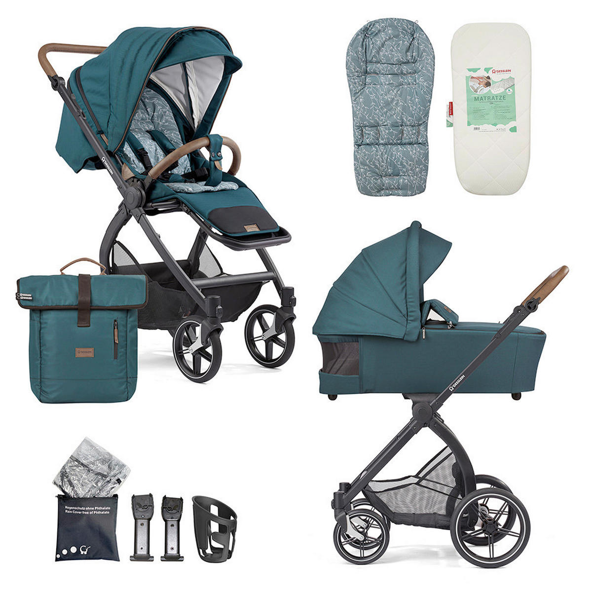 KINDERWAGENSET  FX4 Swing Set  Petrol  - Petrol/Schwarz, Basics, Textil (100/55/130cm) - Gesslein