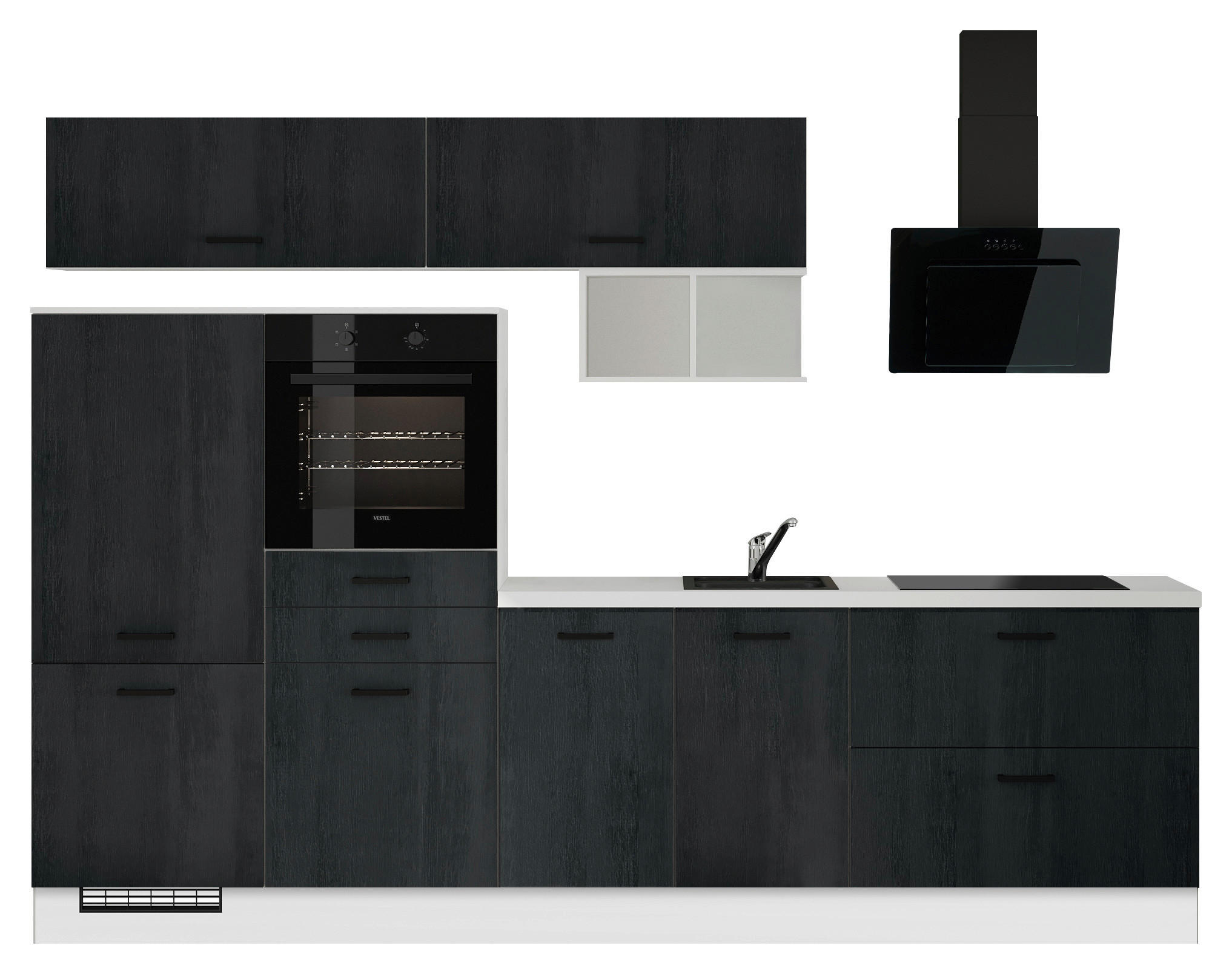 KÜCHENBLOCK 300 cm   in Eiche dunkel, Schwarz  - Eiche dunkel/Schwarz, Design, Holzwerkstoff/Metall (300cm) - Impuls