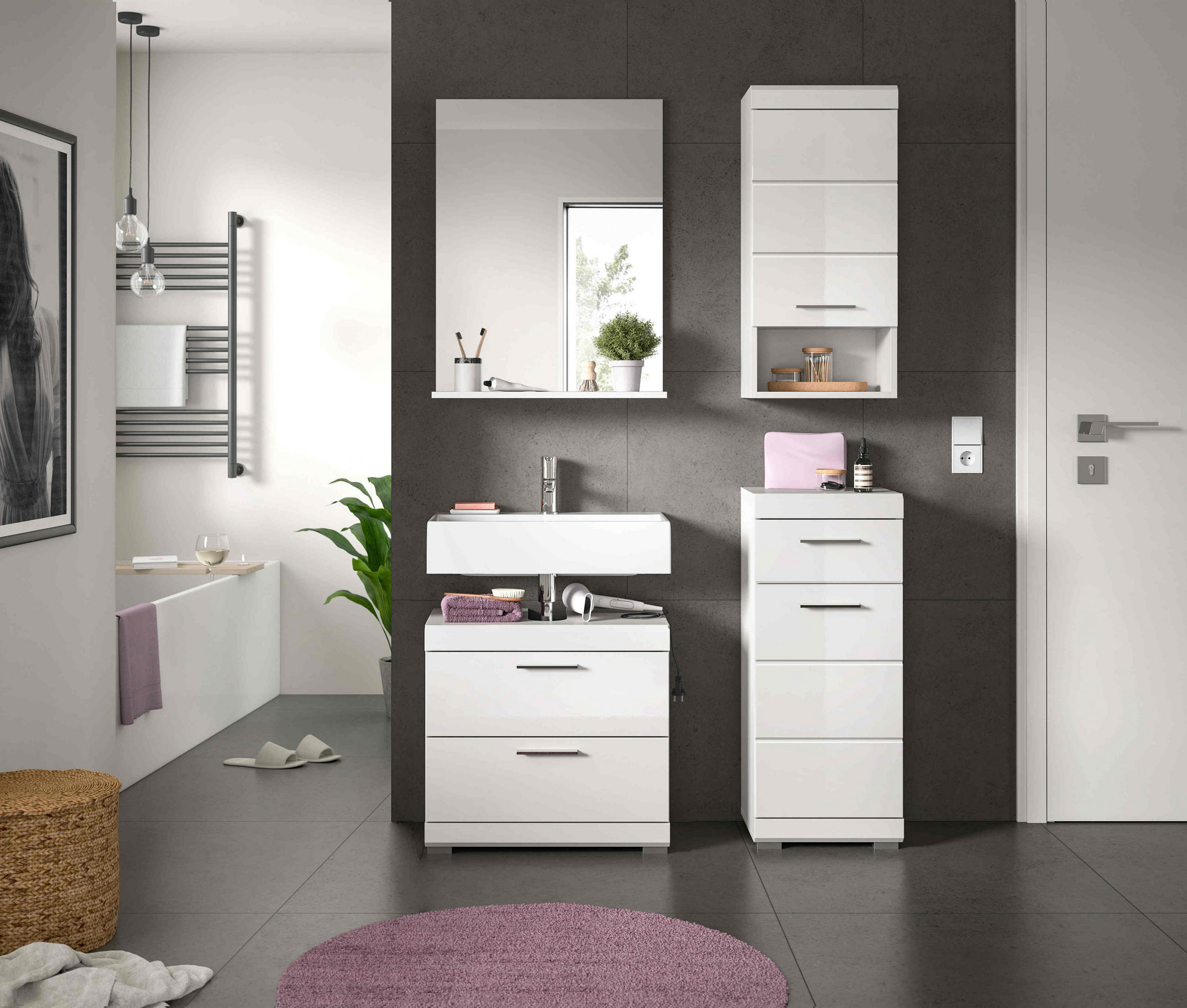 BADEZIMMER 4-teilig  in 134 cm  - Weiß Hochglanz/Silberfarben, MODERN, Glas/Holzwerkstoff (134cm) - MID.YOU