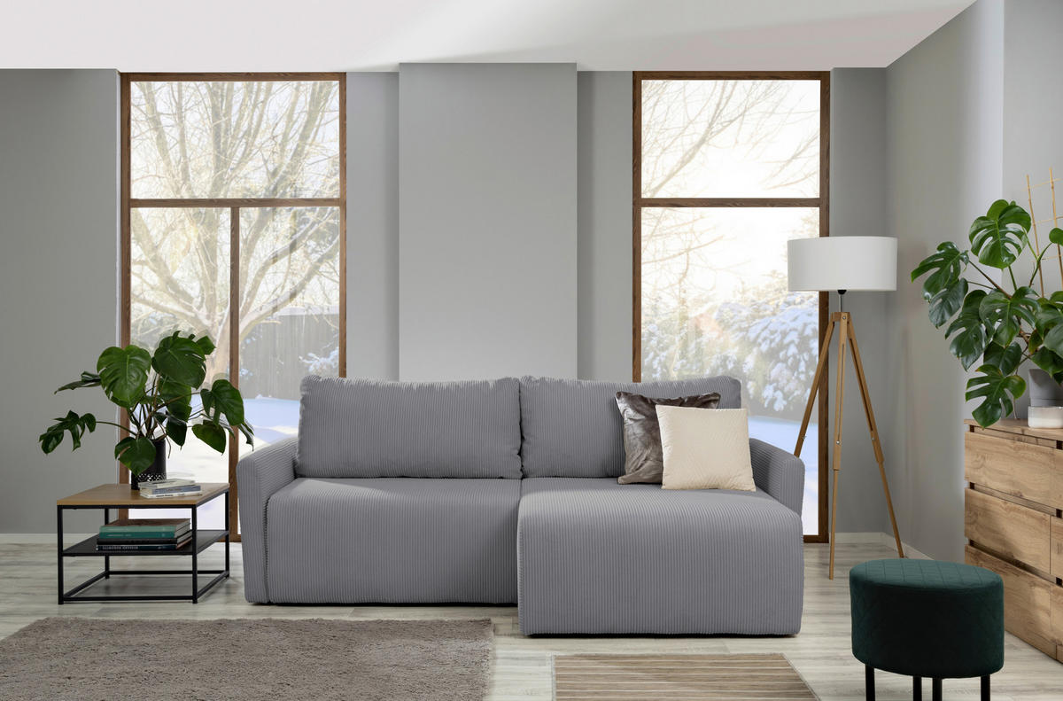 ECKSOFA in Cord Hellgrau  - Hellgrau/Schwarz, Konventionell, Kunststoff/Textil (228/146cm) - MID.YOU