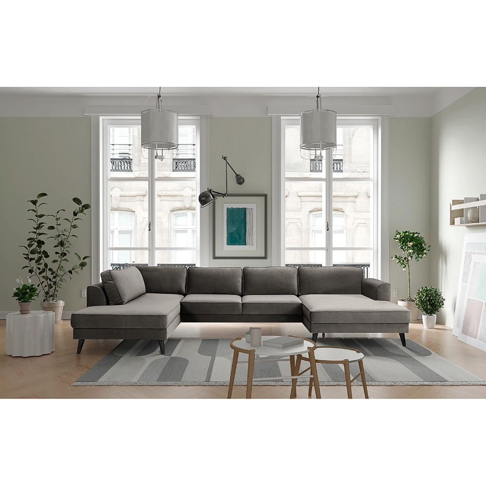 WOHNLANDSCHAFT Grau Samt, Velours  - Wengefarben/Grau, MODERN, Holz/Textil (201/85/354cm) - Trendmanufaktur