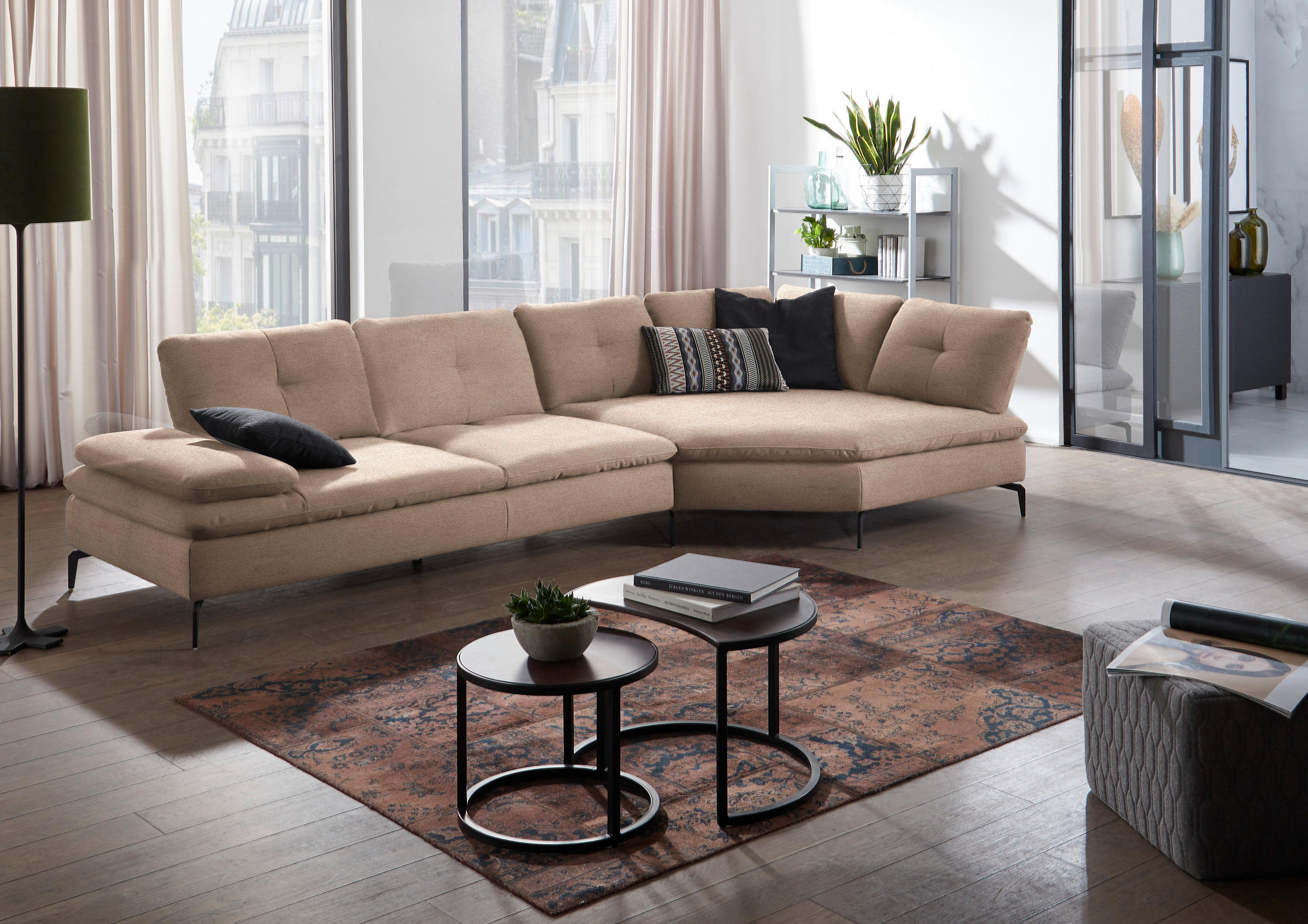 ECKSOFA in Flachgewebe Taupe  - Taupe/Schwarz, Design, Textil/Metall (344/157cm) - Chilliano