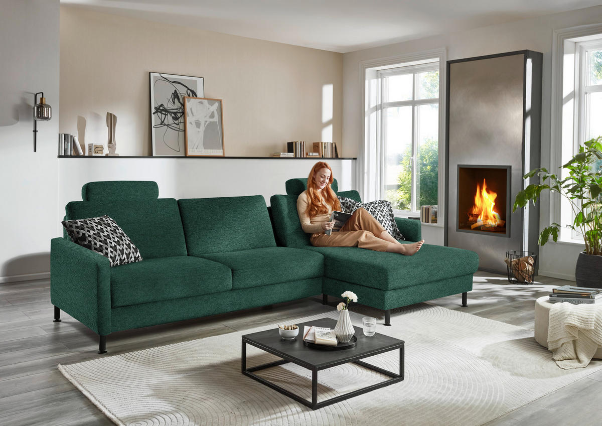 ECKSOFA Dieter Knoll in Chenille, Flachgewebe Waldgrün  316/175 cm  - Waldgrün/Schwarz, Design, Textil/Metall (316/175cm) - Dieter Knoll