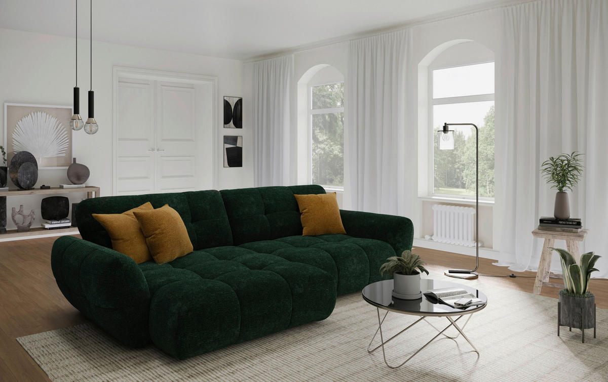 ECKSOFA NIVO Dunkelgrün Chenille Rücken echt  - Dunkelgrün/Schwarz, MODERN, Kunststoff/Textil (175/312cm) - Livetastic