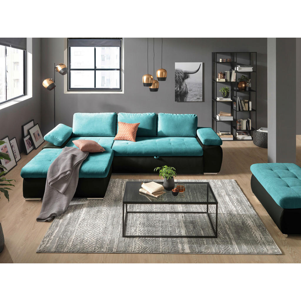 Thumbnail - Mid.you Ecksofa, Türkis, Schwarz, Textil, 3-Sitzer, Füllung: Schaumstoff, Ottomane links, L-Form, 271x175 cm, Schlafen a...