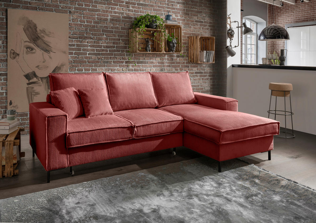 ECKSOFA Koralle Cord  - Koralle/Schwarz, MODERN, Textil/Metall (240/150cm) - Livetastic
