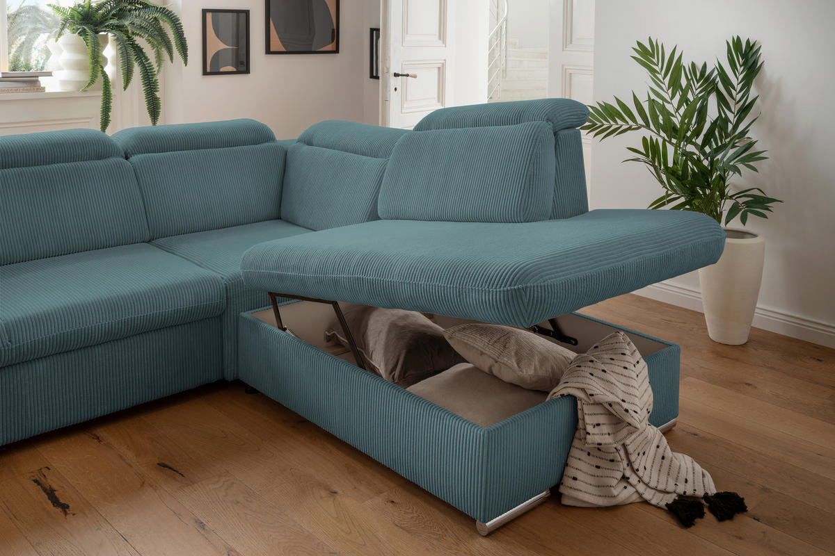 ECKSOFA Cord Petrol  - Chromfarben/Petrol, Design, Textil/Metall (283/228cm) - Livetastic