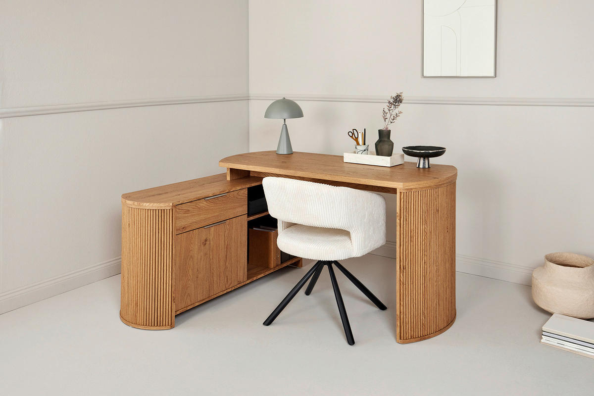 ECKSCHREIBTISCH 150/120/75 cm Eichefarben Kabeldurchlass, Stauraum, seitenverkehrt montierbar  - Eichefarben/Silberfarben, MODERN, Holzwerkstoff/Metall (150/120/75cm)