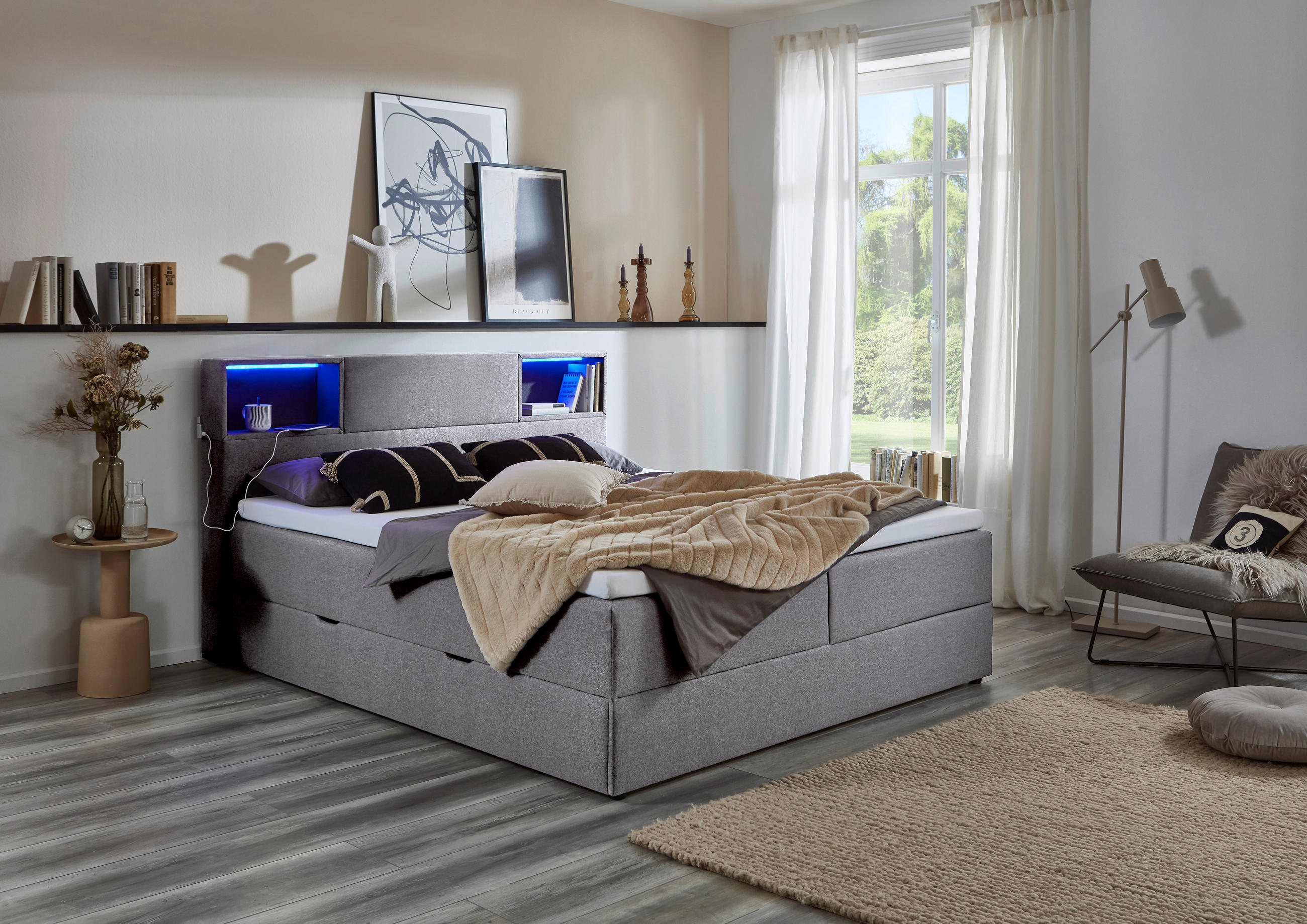 BOXSPRINGBETT 160/200 cm  in Hellgrau  - Hellgrau/Schwarz, Design, Holz/Textil (160/200cm) - Xora