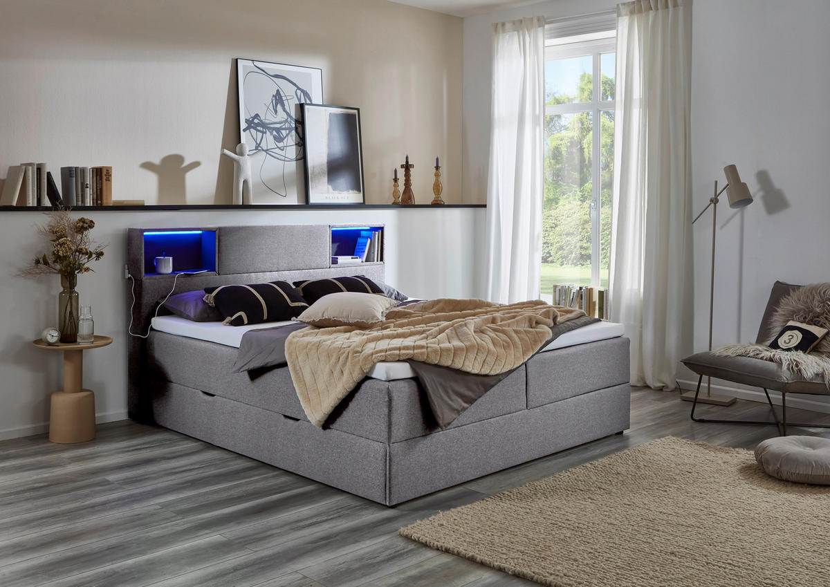 BOXSPRINGBETT 160/200 cm  in Hellgrau  - Hellgrau/Schwarz, Design, Holz/Textil (160/200cm) - Xora
