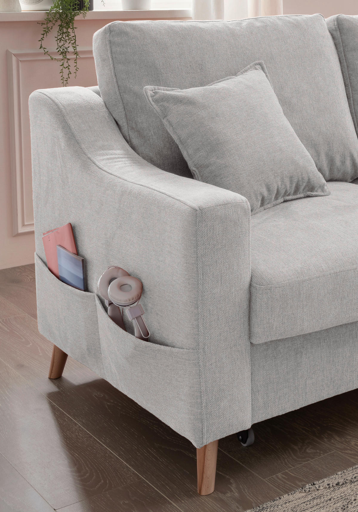 ECKSOFA in Chenille Grau  - Naturfarben/Grau, MODERN, Holz/Textil (228/150cm) - Livetastic