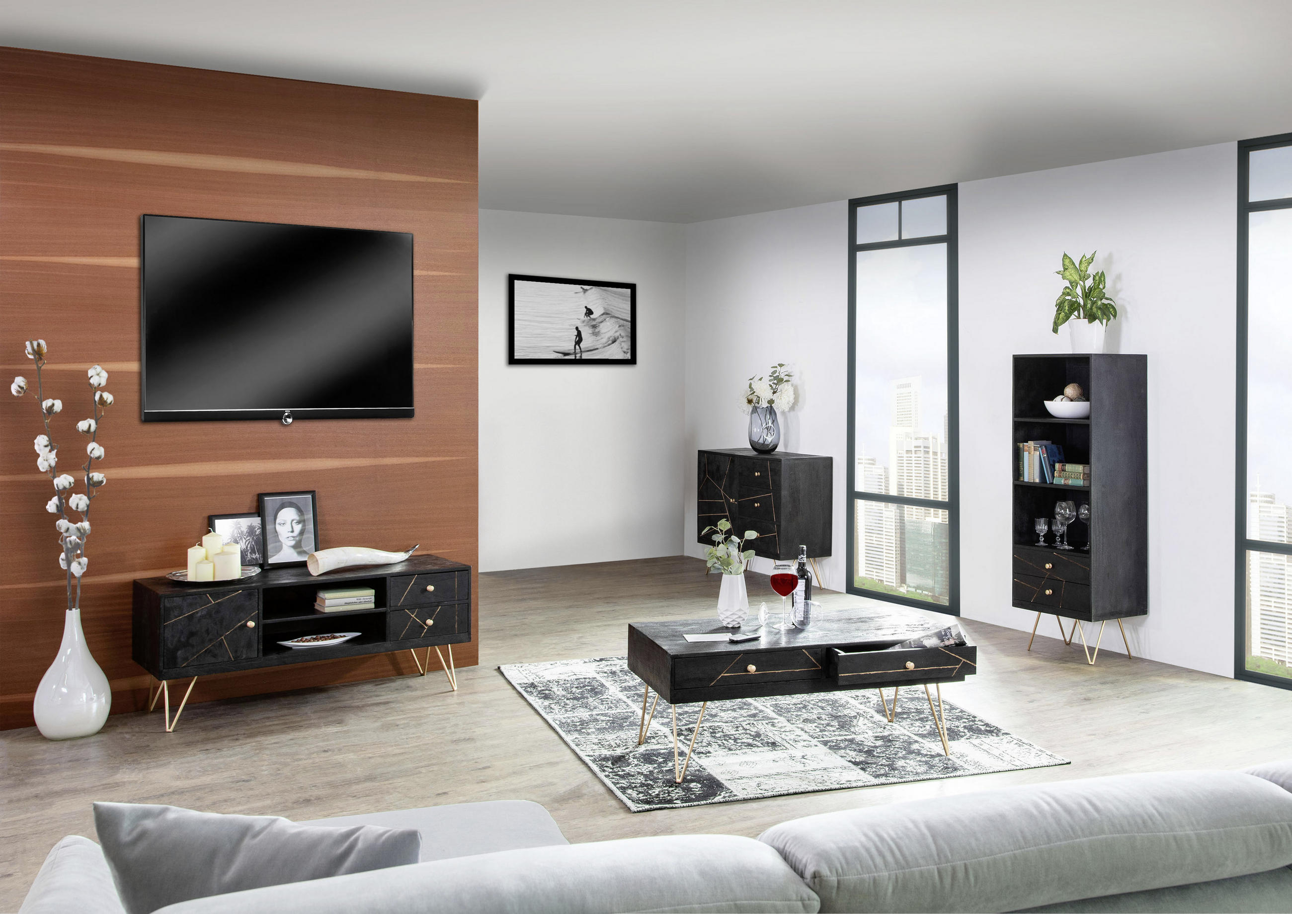 SIDEBOARD Akazie massiv Schwarz, Goldfarben - Goldfarben/Schwarz, Trend, Holz/Metall (145/88/43cm) - Ambia Home