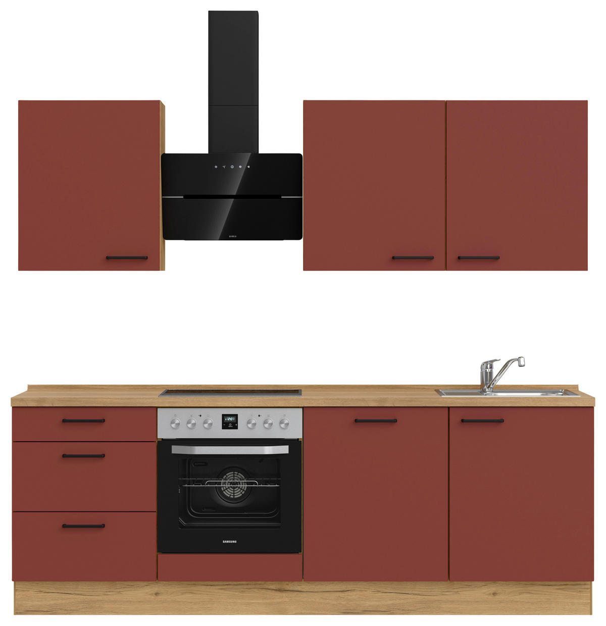 KÜCHENBLOCK 240 cm   in Eichefarben, Dunkelrot  - Eichefarben/Schwarz, MODERN, Holzwerkstoff/Metall (240cm) - Nobilia