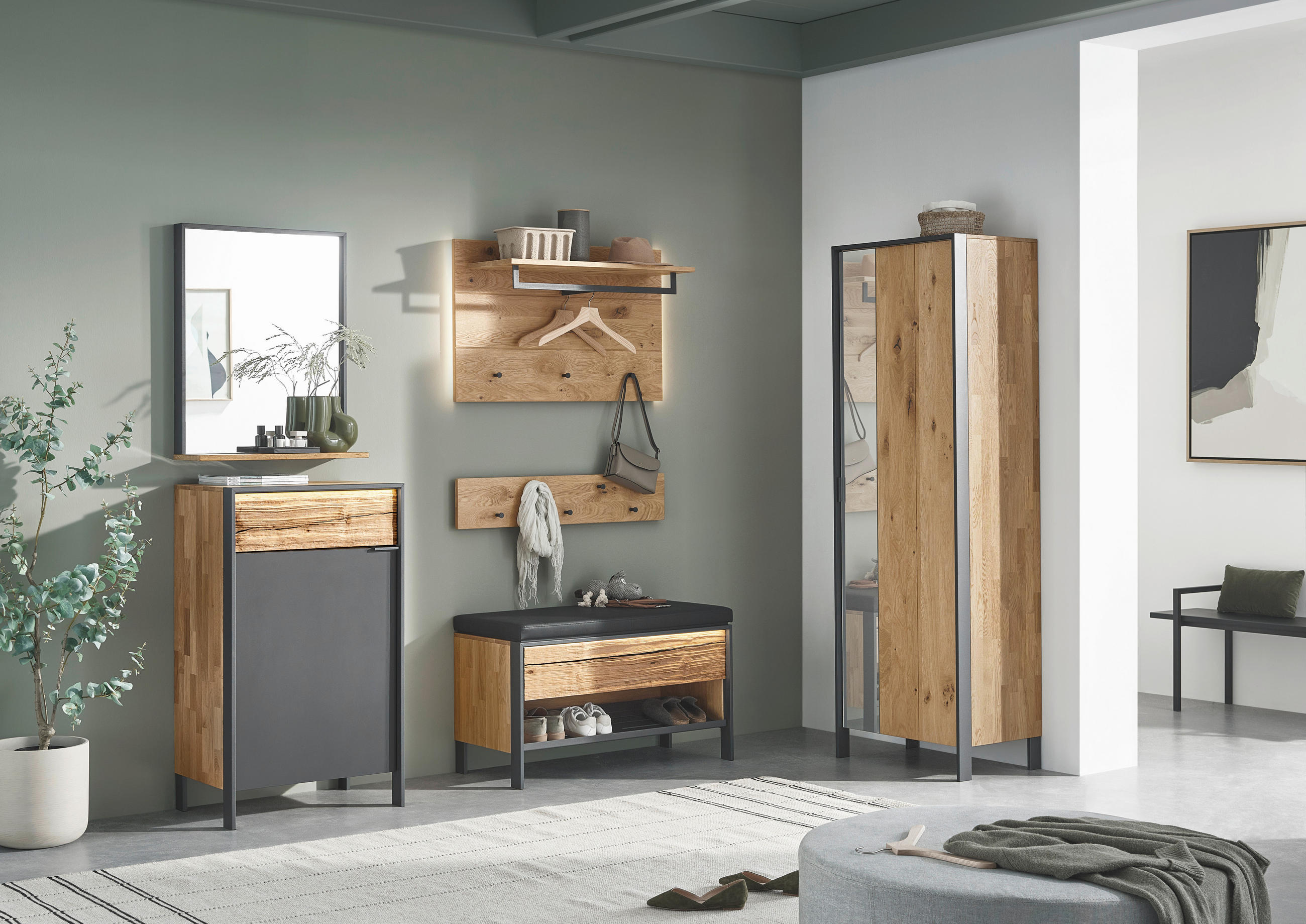 Thumbnail - Valdera Schuhschrank, Graphit, Eiche, Holz, Wildeiche, massiv, 3 Fächer, 1 Schublade(n) Schubladen, 65x110.8x44.3 cm, Go...