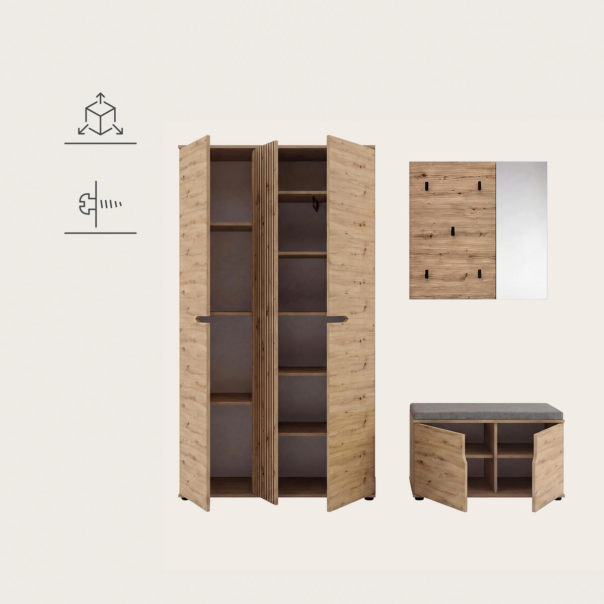 GARDEROBE 3-teilig  in 199/191/37 cm  - Eiche Artisan, Design, Holzwerkstoff (199/191/37cm) - MID.YOU