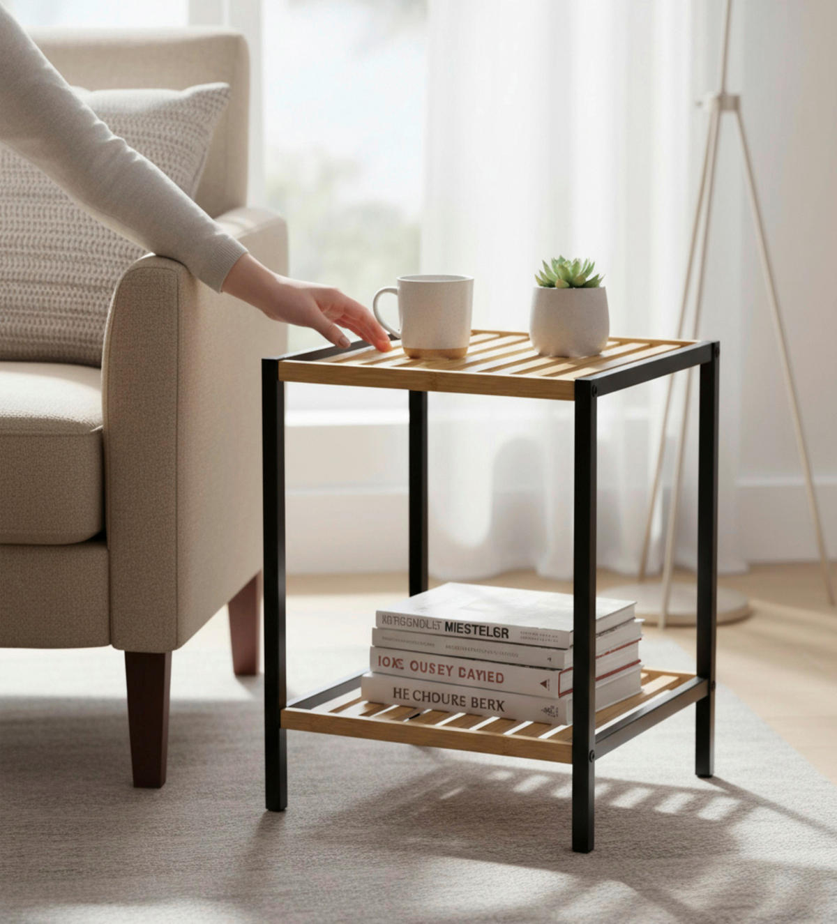 BEISTELLTISCH 35/35/47 cm Bambus Hartholz Naturfarben, Schwarz  - Schwarz/Naturfarben, Design, Holz (35/35/47cm)