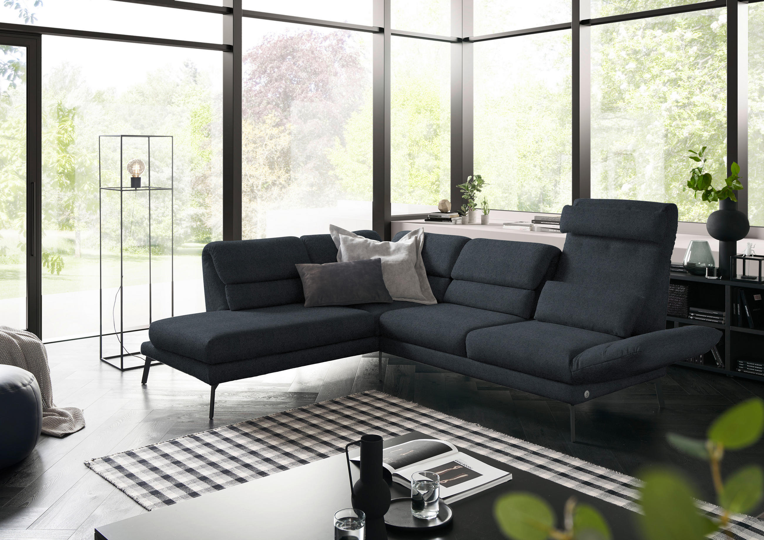 ECKSOFA in Flachgewebe Anthrazit  - Anthrazit/Schwarz, Design, Textil/Metall (212-253/256-363cm) - Dieter Knoll