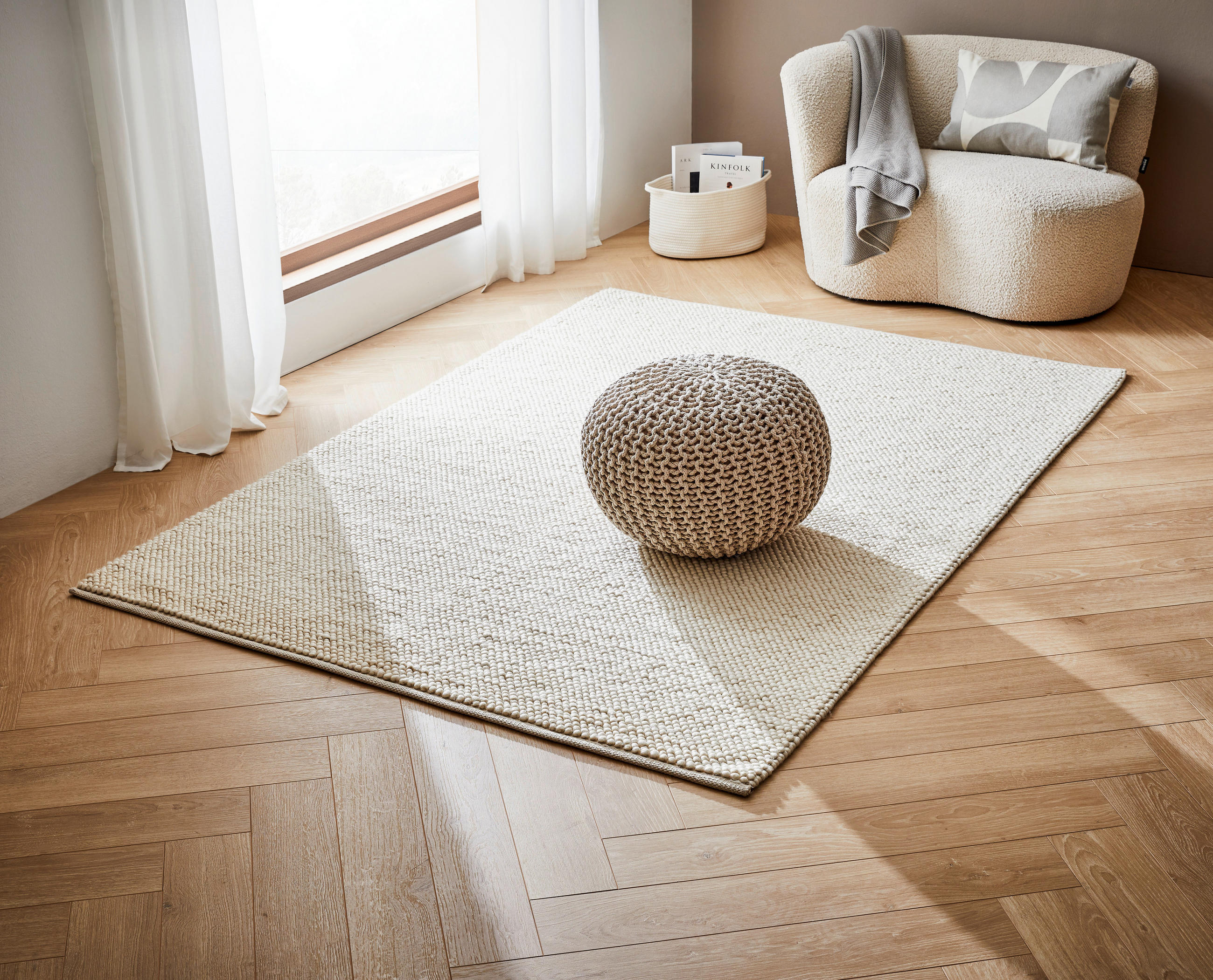 Thumbnail - Linea Natura Handwebteppich Loop, Beige, Textil, Struktur, rechteckig, 90x160 cm, AZO-frei, Handmade in India, pflegelei...