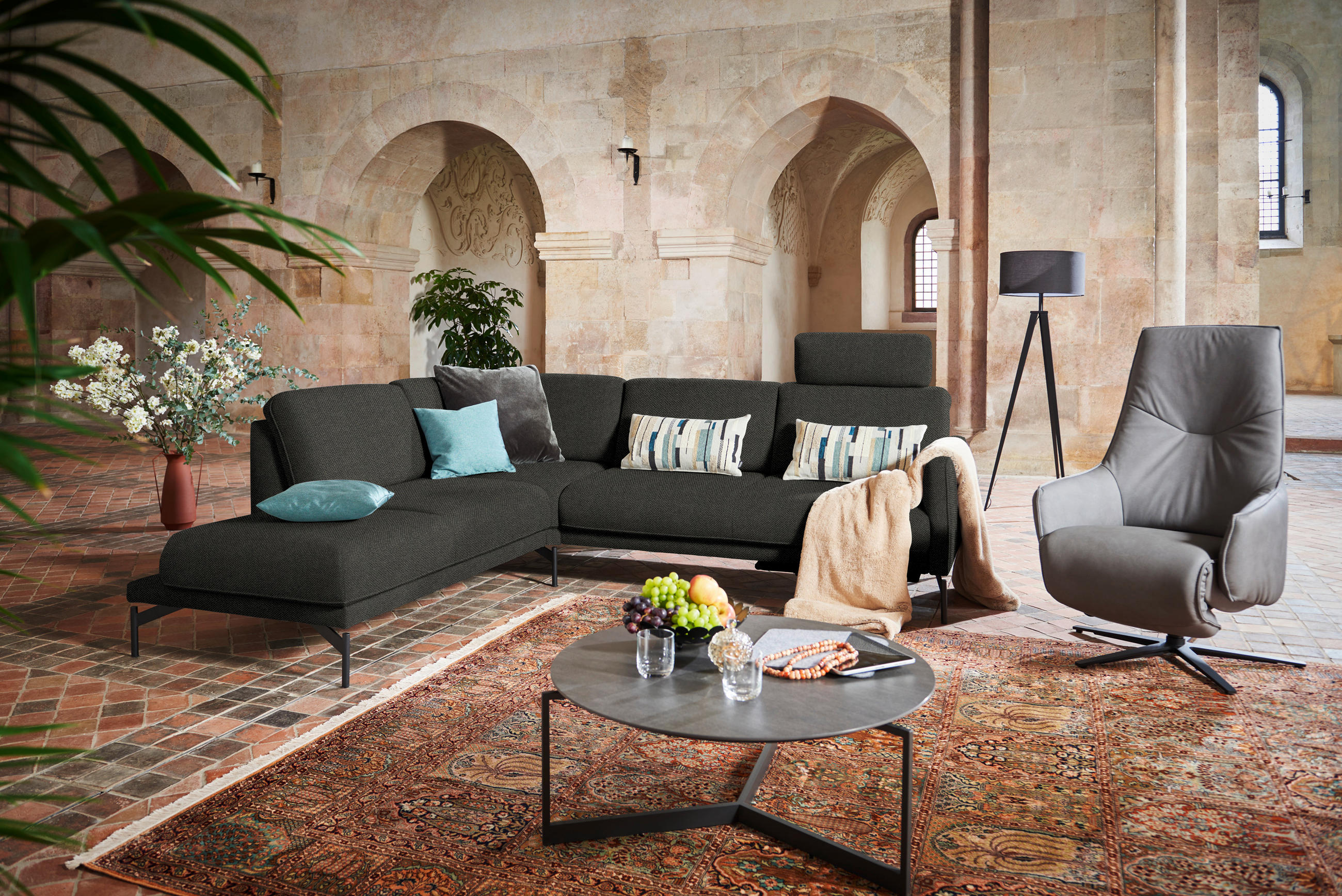 ECKSOFA in Flachgewebe Anthrazit  - Anthrazit, Design, Textil/Metall (230/254cm) - Johann Jakob