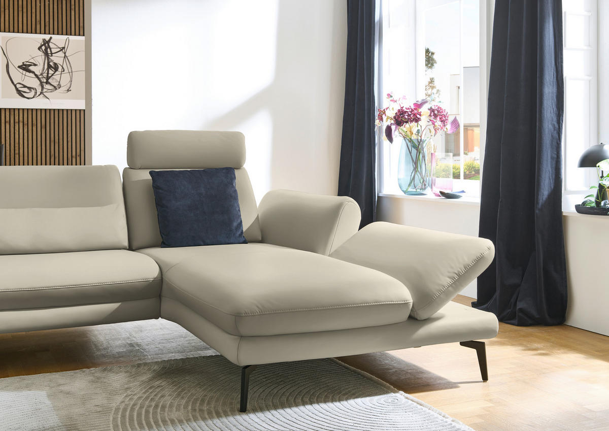 ECKSOFA in Echtleder Ecru  - Ecru/Schwarz, Design, Leder/Metall (308/195cm) - Dieter Knoll