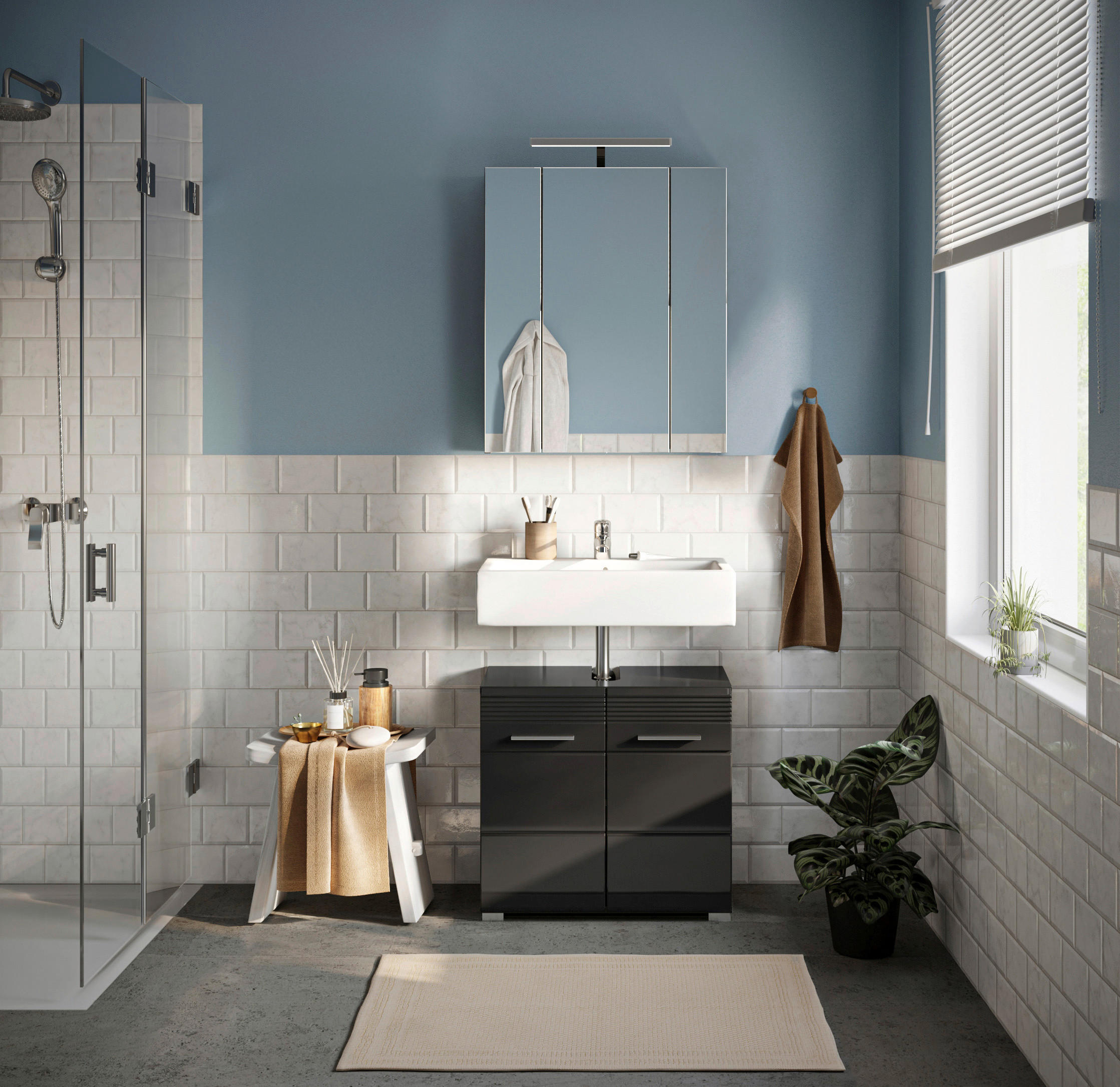 BADEZIMMER 2-teilig  in 60 cm  - Schwarz Hochglanz/Silberfarben, MODERN, Glas/Holzwerkstoff (60cm) - MID.YOU