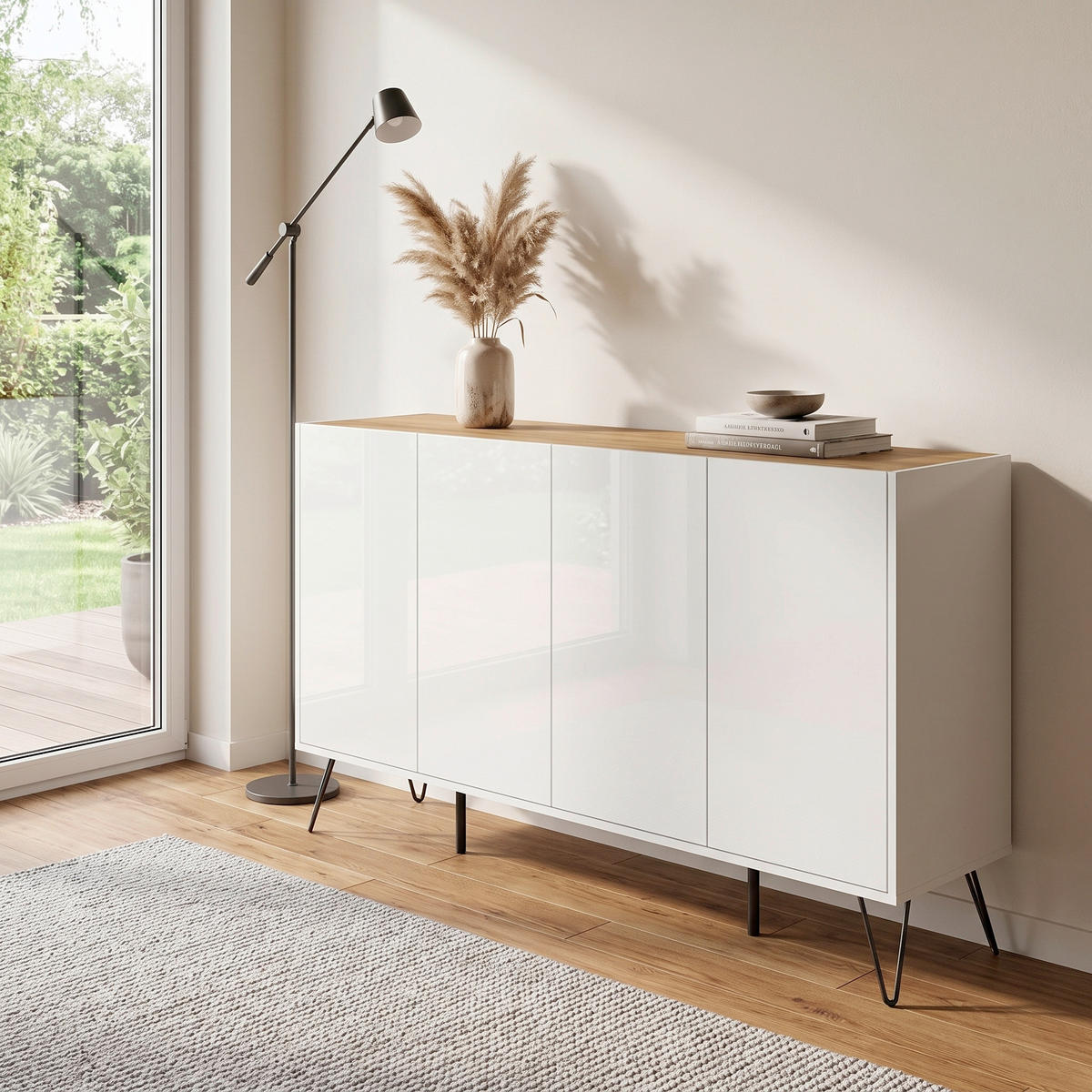 SIDEBOARD Posseik Industrial 155/93,6/42 cm  - Weiß Hochglanz/Eichefarben, Design, Holzwerkstoff/Metall (155/93,6/42cm) - MID.YOU