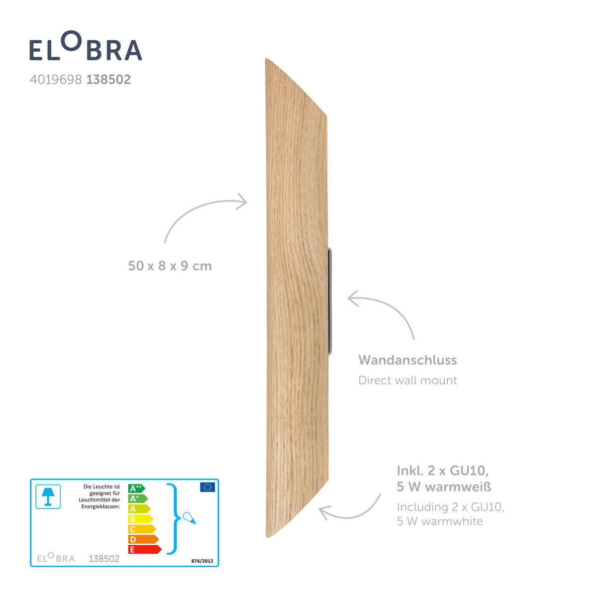 WANDLEUCHTE 50/8/9 cm   - Natur, Holz (50/8/9cm)