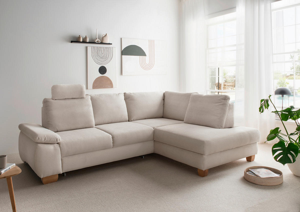 ECKSCHLAFSOFA in Cord Beige  - Wildeiche/Beige, Modern, Holz/Textil (261/206cm) - Livetastic