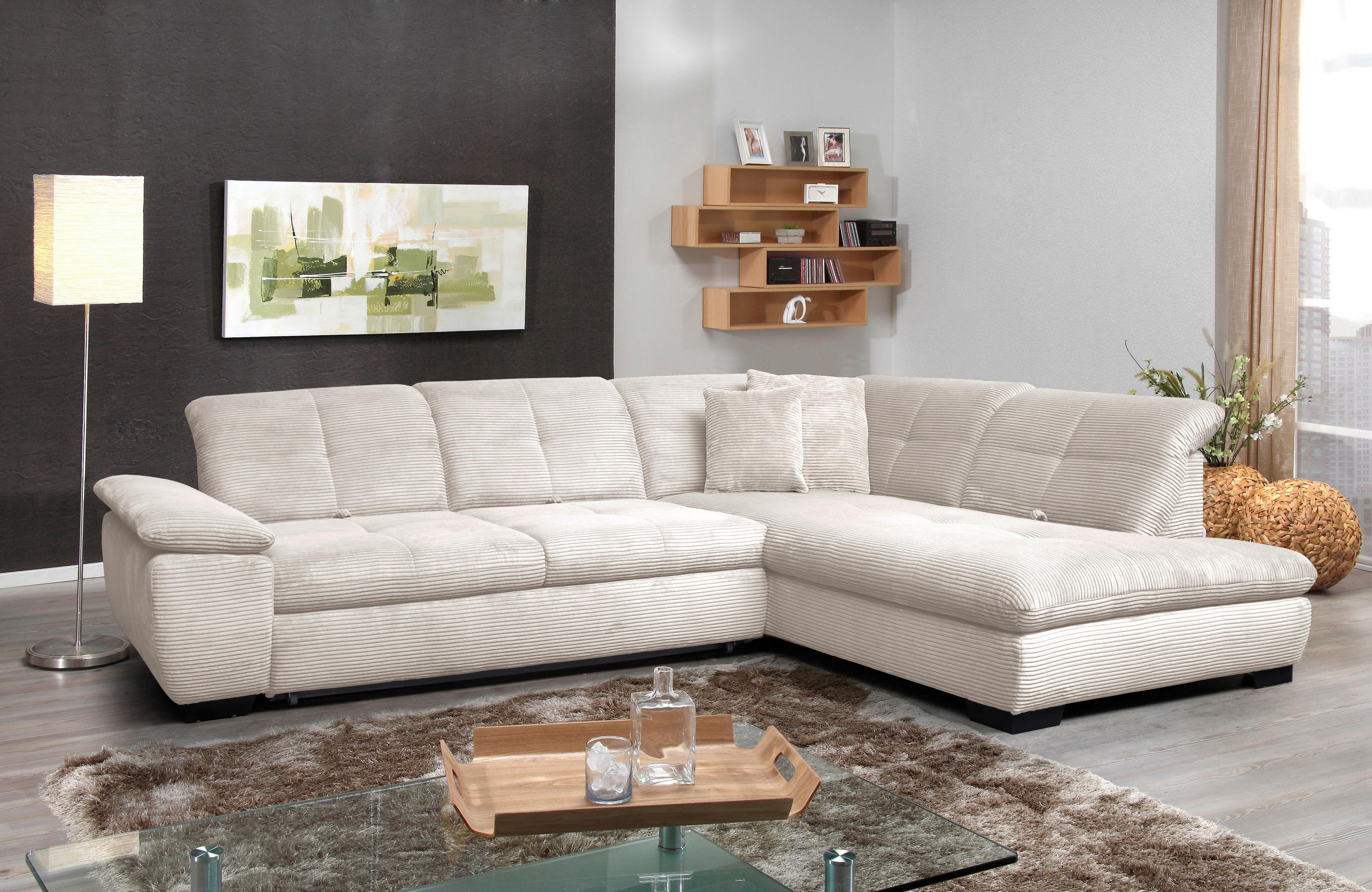 ECKSOFA in Cord Creme  - Creme/Schwarz, Design, Textil/Metall (313/242cm) - Xora