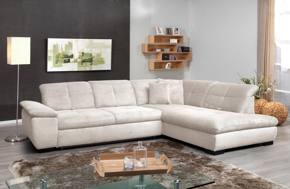 ECKSOFA in Cord Creme  - Creme/Schwarz, Design, Textil/Metall (313/242cm) - Xora