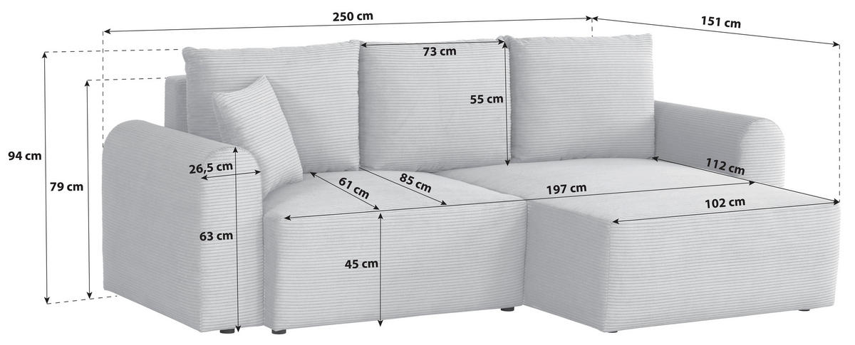 ECKSOFA JONILZ Beige Cord  - Beige/Schwarz, Design, Kunststoff/Textil (250/151cm) - MID.YOU